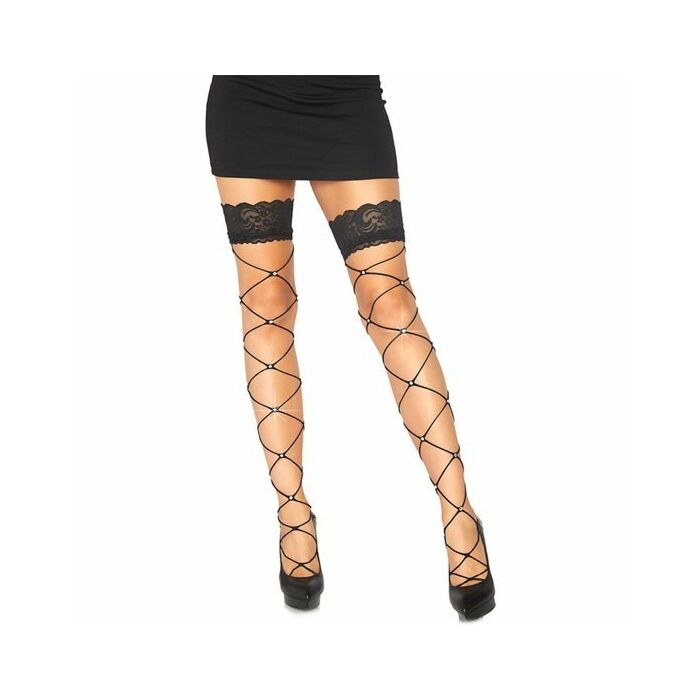 Wide net thigh high w chrystal - black