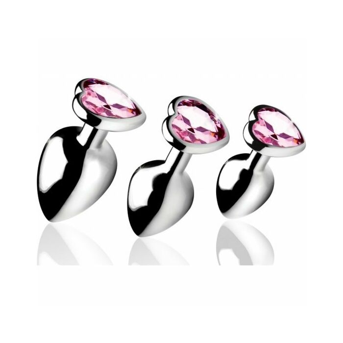 Pink heart gem anal plug set - 3 pieces - silver