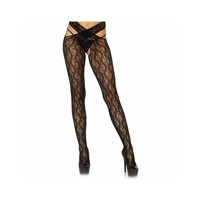 Floral crotchless wrap tights - black
