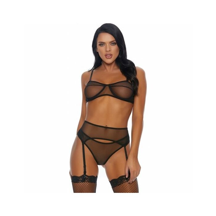 Heartless bra, garter belt and panty - black